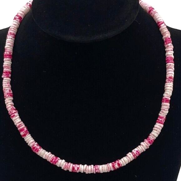 Vintage Fashion Jewelry Pink & White Puka Shell Necklace 16” Barrel Clasp - Picture 1 of 5